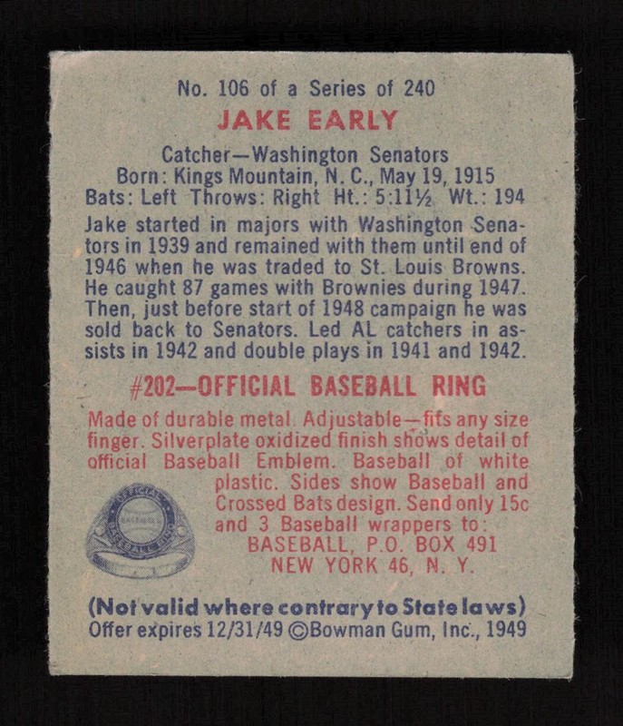 1949 Bowman #106 Jake Early VGEX, back