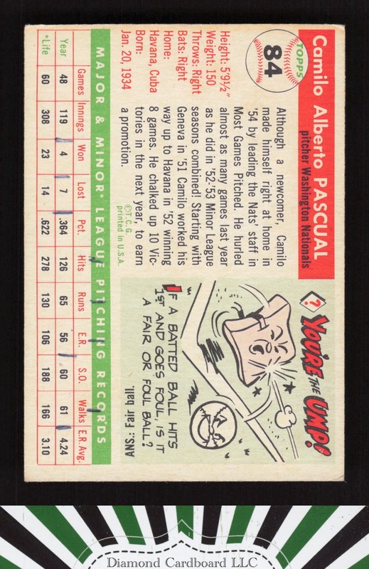 1955 Topps #84 Camilo Pascual VGEX (MC) k, back