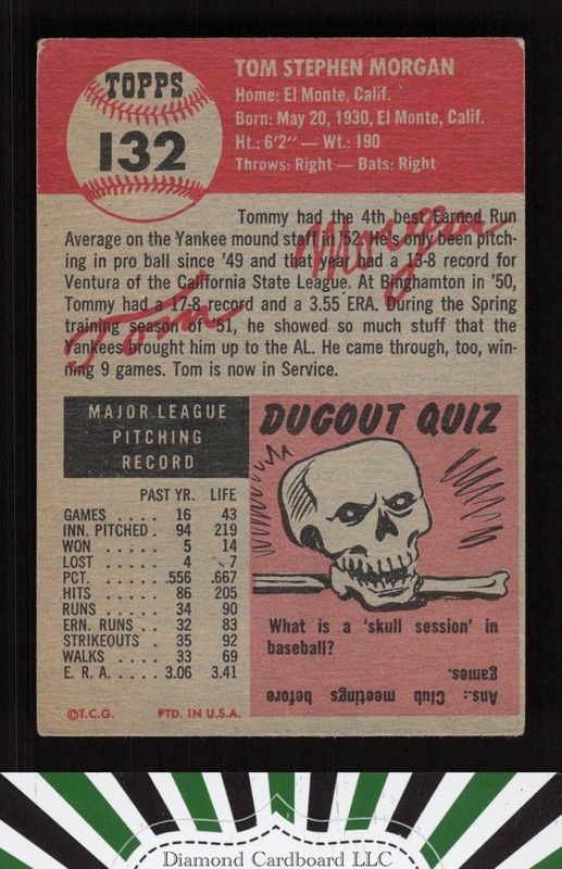 1953 Topps #132 Tom Morgan : Bio uses white text VGEX e, back