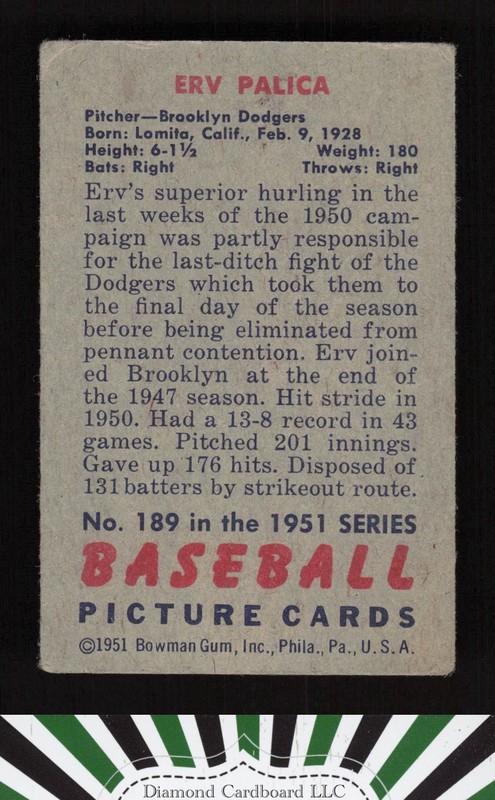 1951 Bowman #189 Erv Palica GD+, back