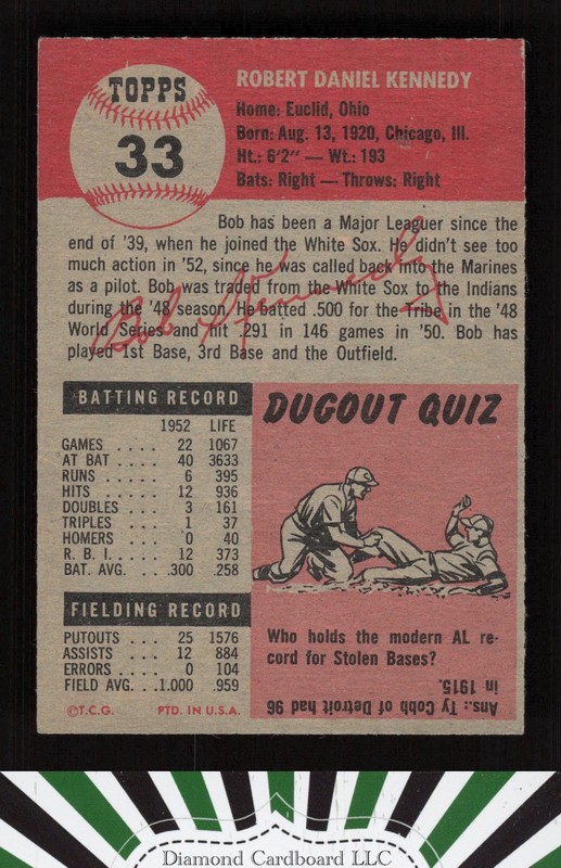 1953 Topps #33 Bob Kennedy VGEX d, back