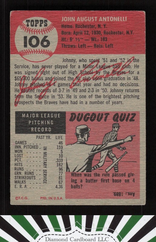 1953 Topps #106 John Antonelli : Bio uses black text GD c, back