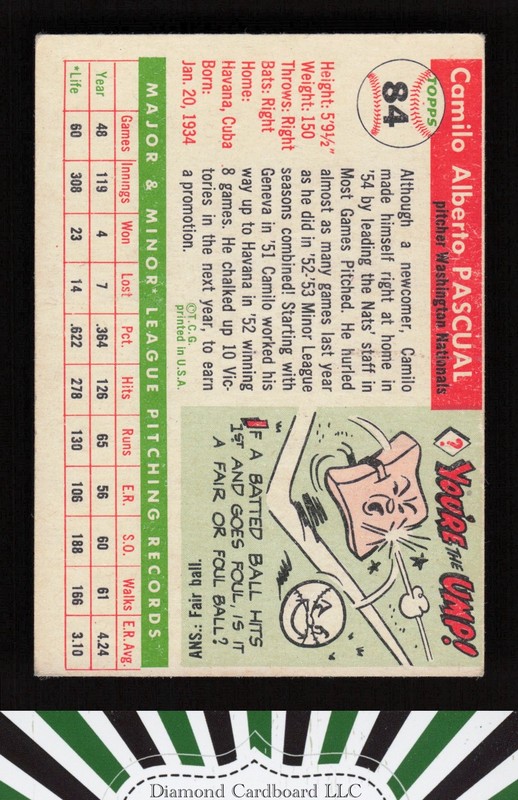 1955 Topps #84 Camilo Pascual VG+ e, back