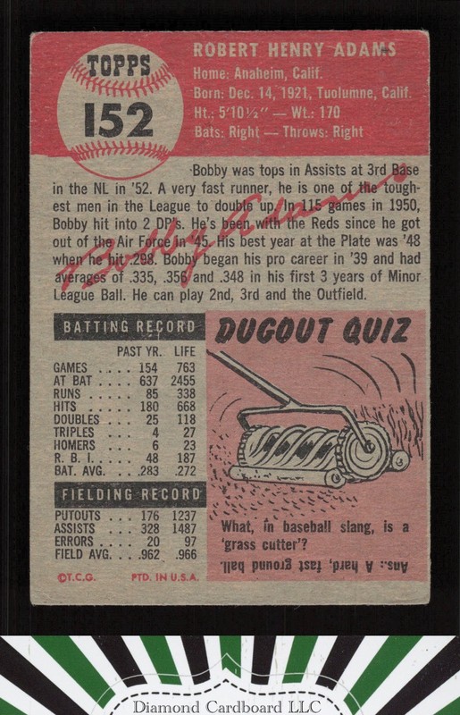 1953 Topps #152 Bobby Adams : Bio uses white text VG d, back