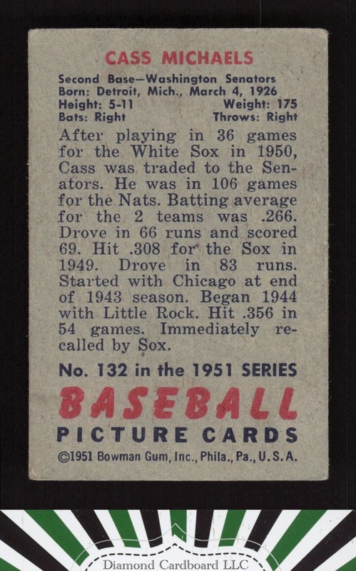 1951 Bowman #132 Cass Michaels VGEX, back
