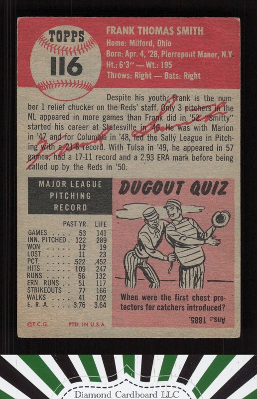 1953 Topps #116 Frank Smith : Bio uses white text GD a, back