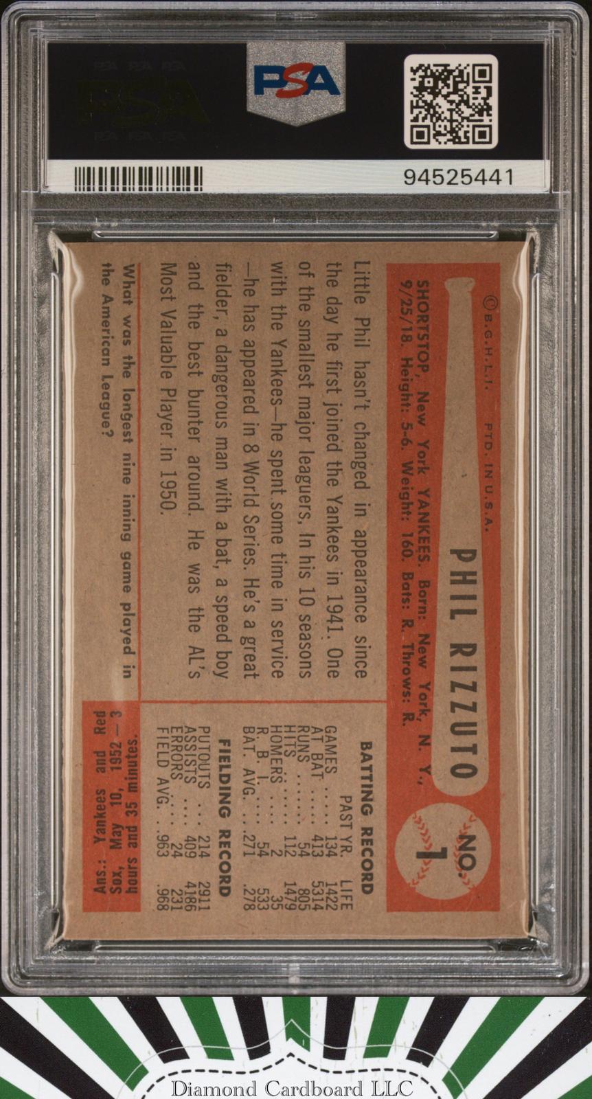 1954 Bowman #1 Phil Rizzuto PSA 6 [GREAT EYE APPEAL], back