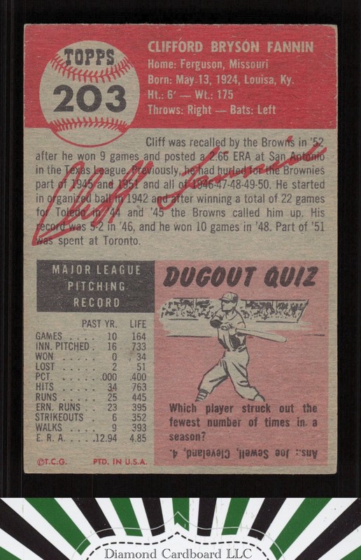 1953 Topps #203 Cliff Fannin VGEX [GREAT EYE APPEAL] g, back