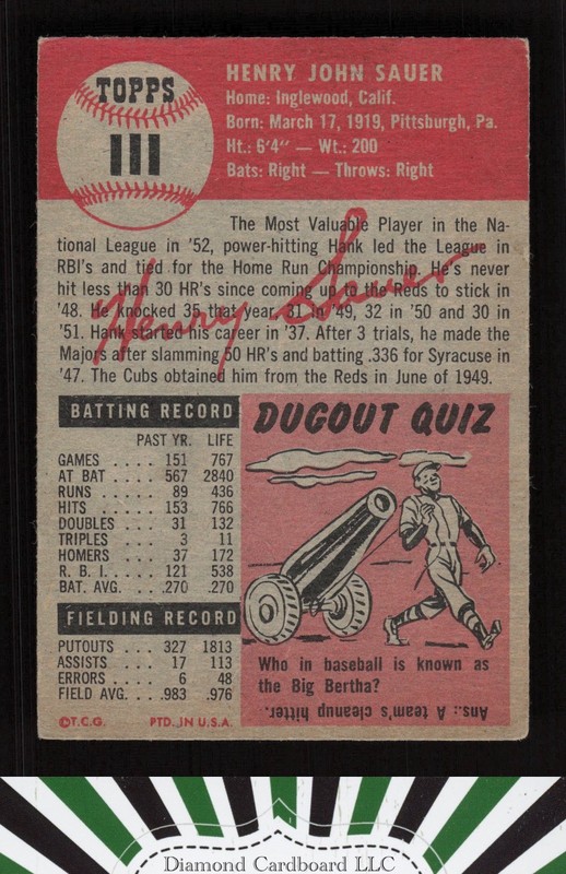 1953 Topps #111 Hank Sauer : Bio uses white text GD a, back