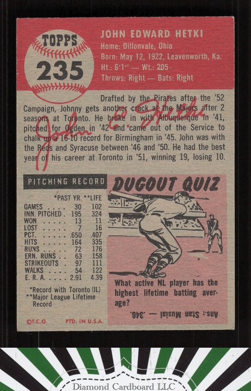 1953 Topps #235 John Hetki GD [STUNNING EYE APPEAL] g, back
