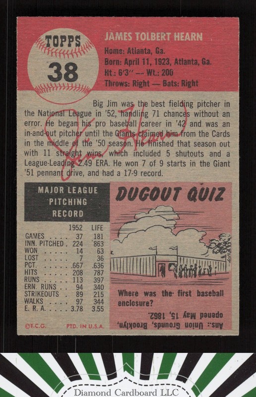 1953 Topps #38 Jim Hearn NM [CENTERED] g, back