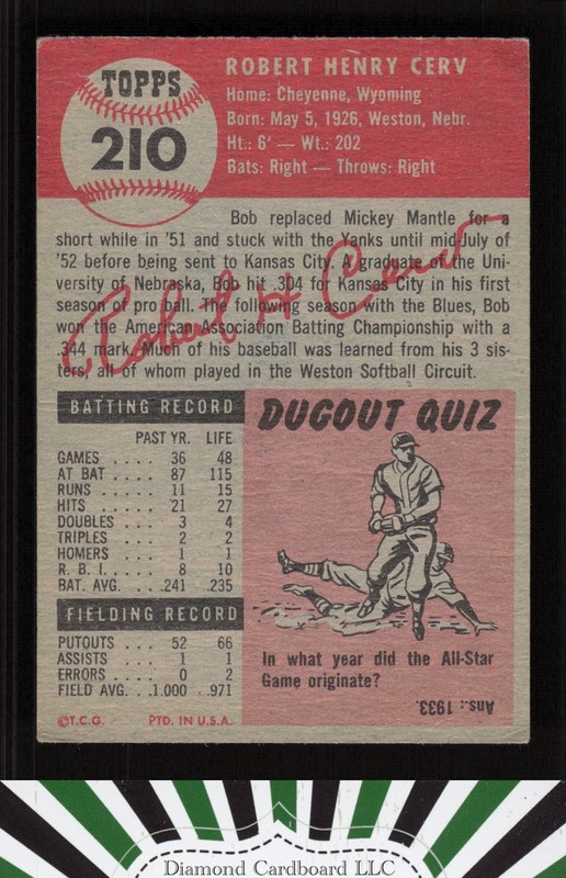 1953 Topps #210 Bob Cerv VG b, back