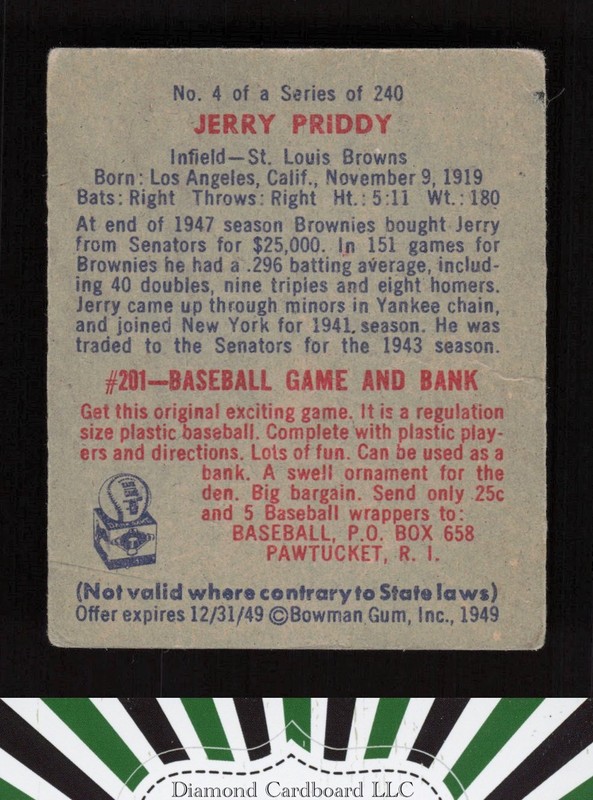 1949 Bowman #4 Jerry Priddy No Name VG a, back