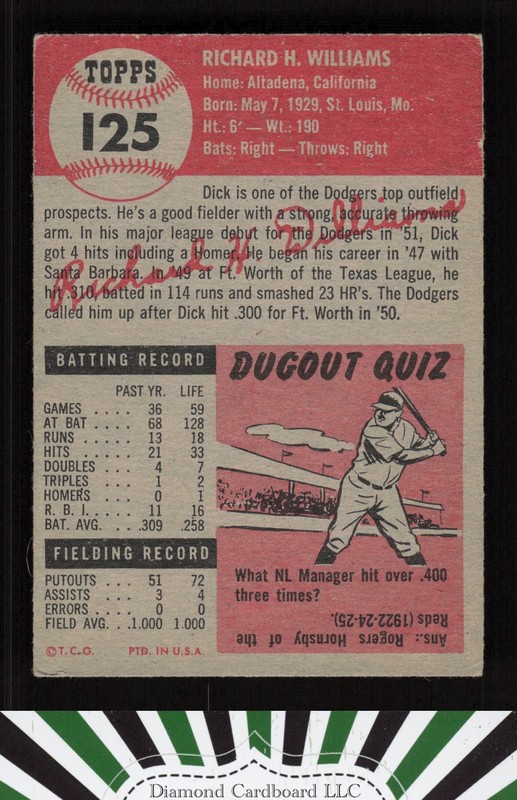 1953 Topps #125 Dick Williams : Bio uses white text VG+ f, back