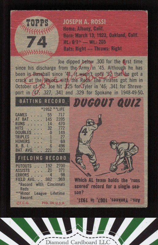 1953 Topps #74 Joe Rossi GD+ d, back