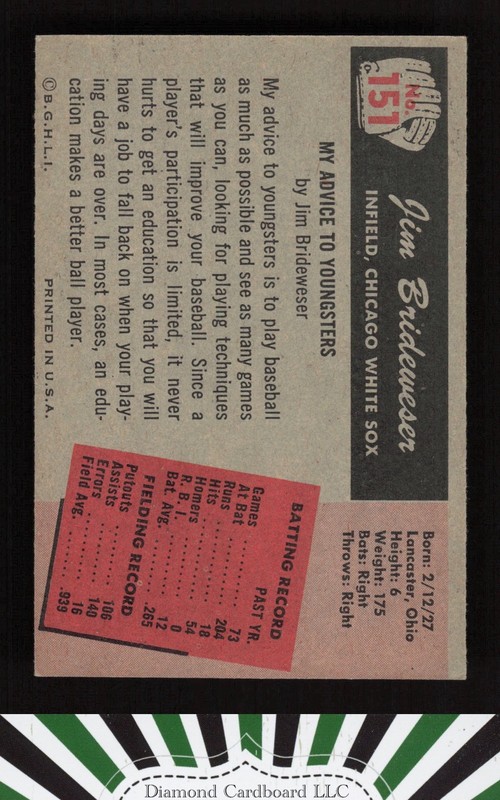 1955 Bowman #151 Jim Brideweser EX, back