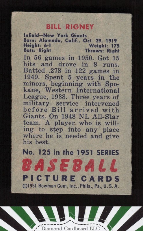 1951 Bowman #125 Bill Rigney VGEX, back