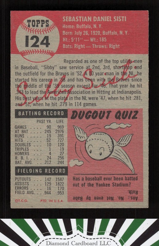 1953 Topps #124 Sibby Sisti : Bio uses white text EX e, back