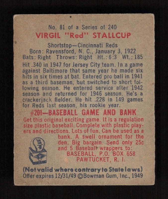 1949 Bowman #81 Virgil "Red" Stallcup VGEX, back
