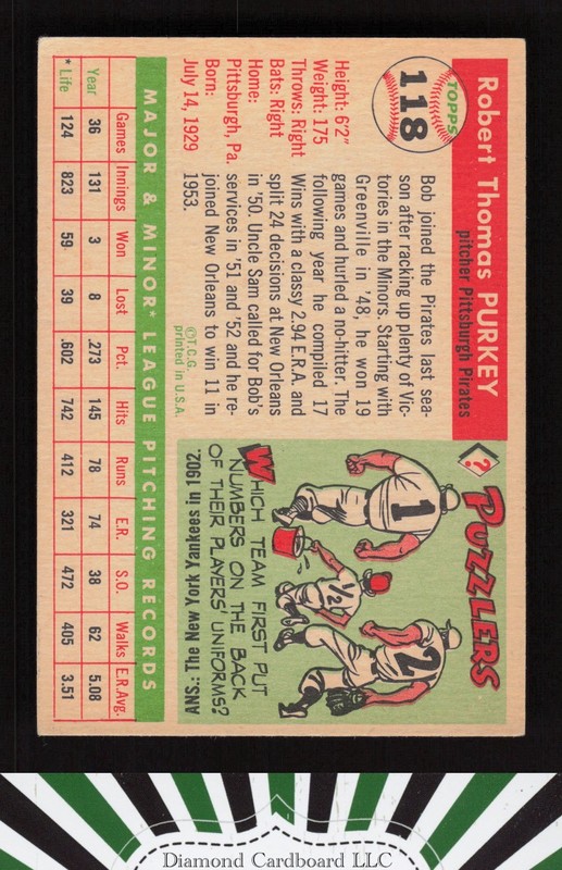 1955 Topps #118 Bob Purkey EX+ [GOOD EYE APPEAL] f, back