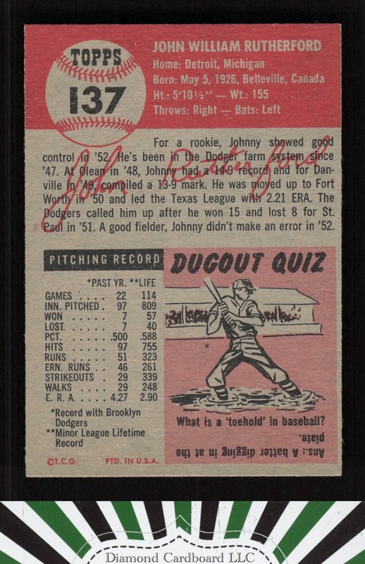 1953 Topps #137 John Rutherford : Bio uses white text EX+ i, back
