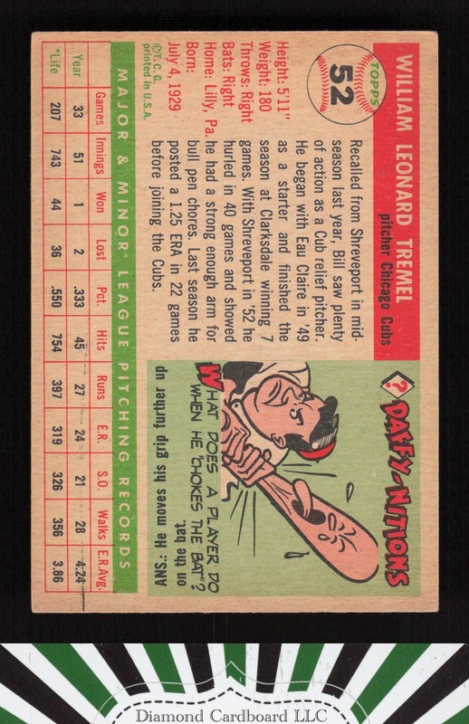 1955 Topps #52 Bill Tremel VGEX g, back
