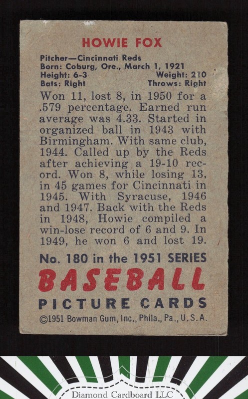 1951 Bowman #180 Howie Fox PR, back