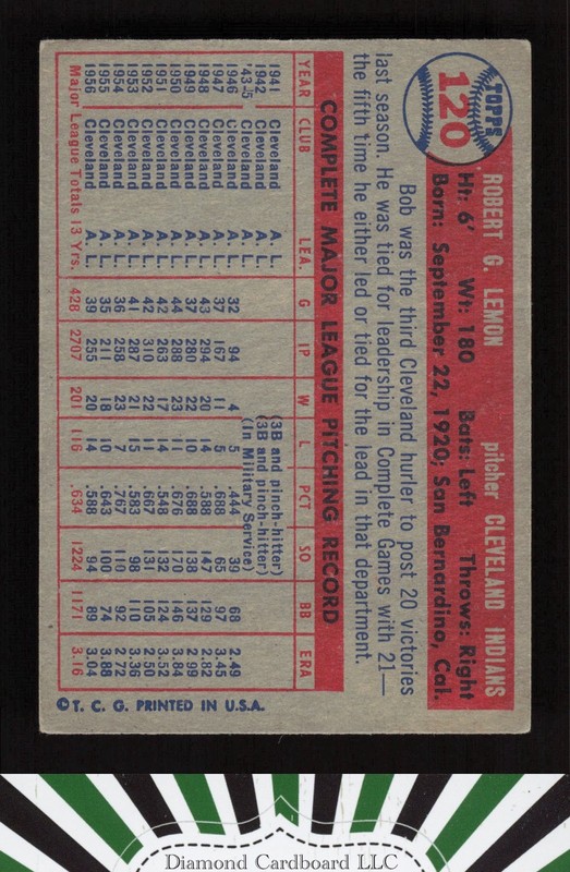 1957 Topps #120 Bob Lemon VGEX d, back