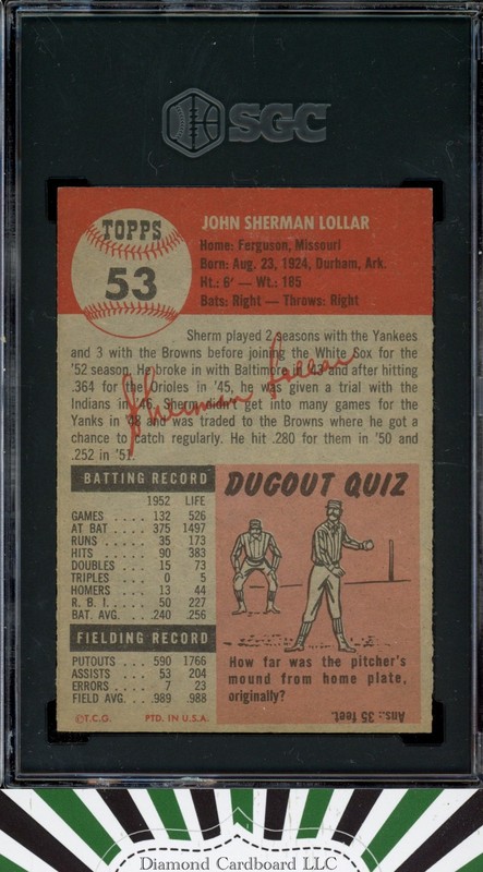 1953 Topps #53 Sherm Lollar SGC 7.5 [TOP EYE APPEAL], back