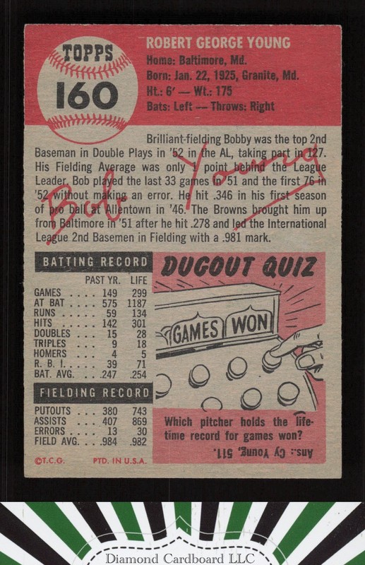 1953 Topps #160 Bobby Young : Bio uses black text GD+ g, back