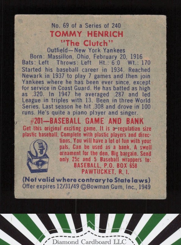 1949 Bowman #69 Tommy Henrich VGEX c, back