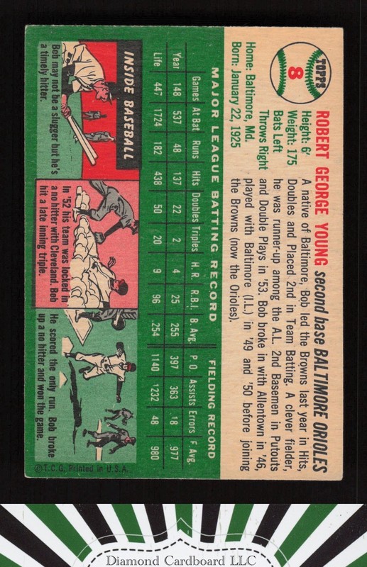1954 Topps #8 Bobby Young VGEX m, back