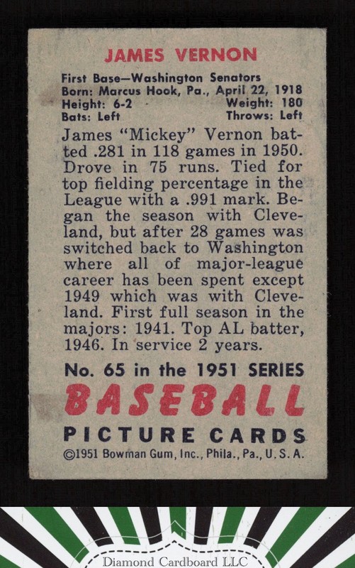1951 Bowman #65 Mickey Vernon VG+, back