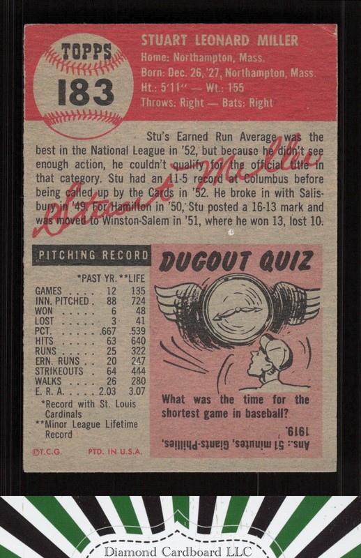 1953 Topps #183 Stu Miller VGEX+ d, back