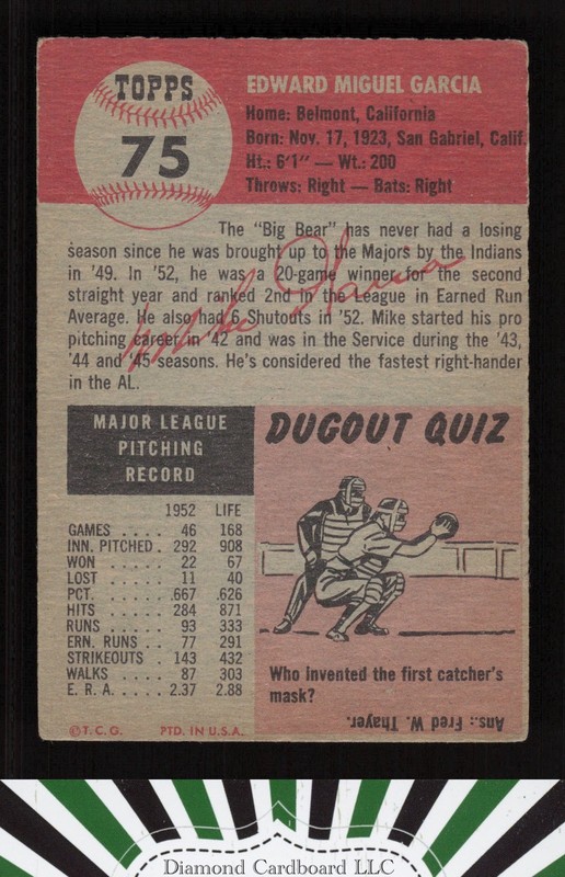 1953 Topps #75 Mike Garcia VG+ d, back