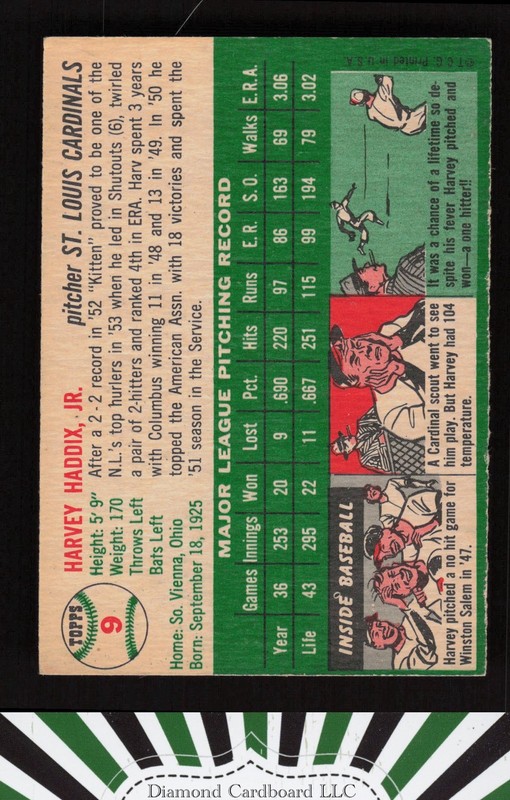 1954 Topps #9 Harvey Haddix VGEX+ h, back