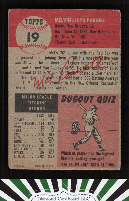 1953 Topps #19 Mel Parnell GD+ a, back