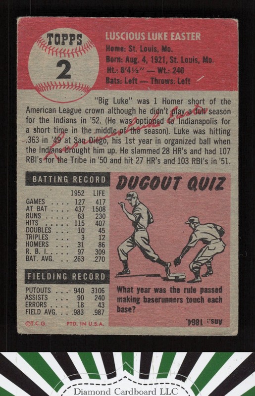 1953 Topps #2 Luke Easter GD [GOOD CENTERING] a, back