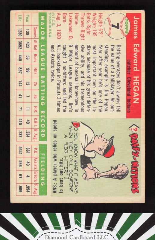 1955 Topps #7 Jim Hegan VGEX d, back