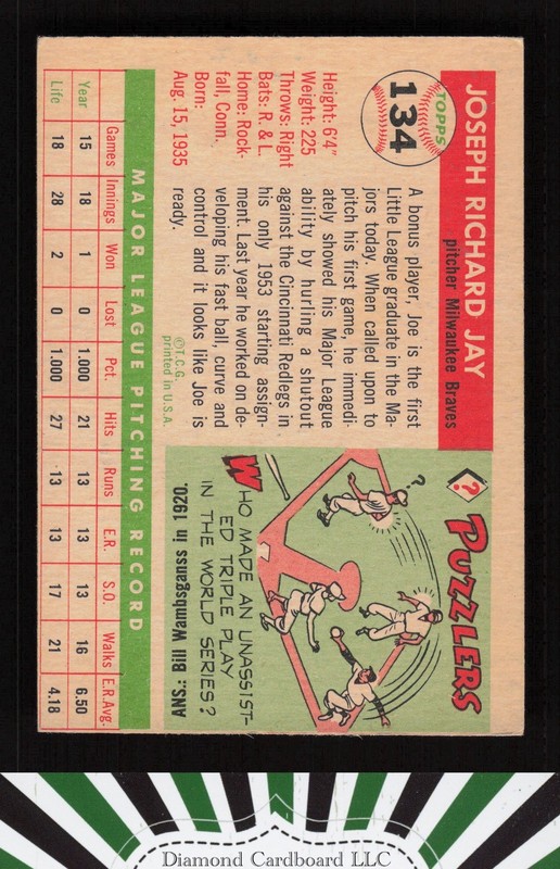 1955 Topps #134 Joe Jay VGEX (MC) a, back