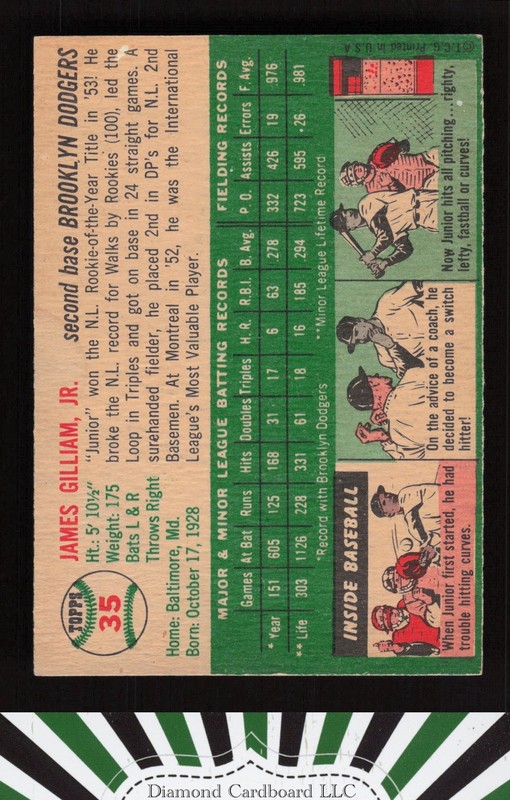 1954 Topps #35 Junior Gilliam VGEX d, back