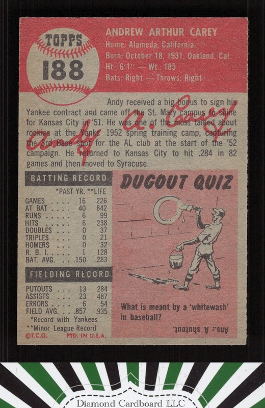 1953 Topps #188 Andy Carey NM g, back