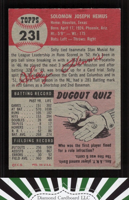 1953 Topps #231 Solly Hemus EX g, back