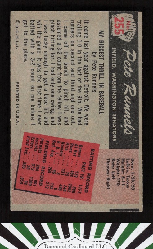 1955 Bowman #255 Pete Runnels EX, back