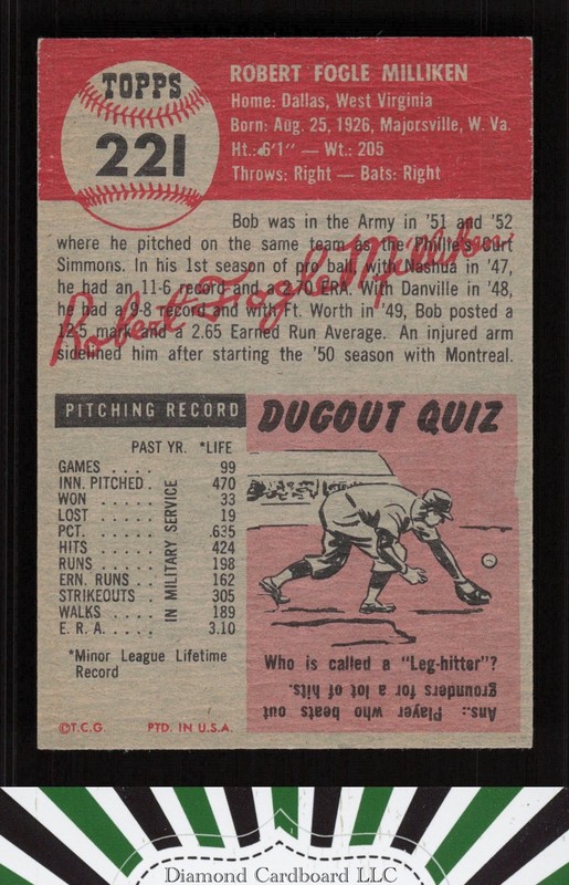 1953 Topps #221 Bob Milliken NM f, back