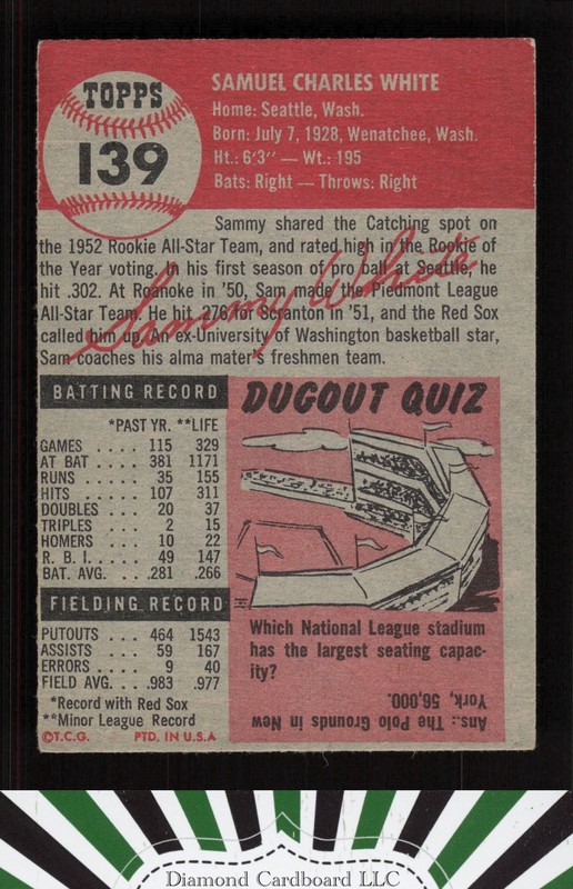 1953 Topps #139 Sammy White : Bio uses white text VGEX e, back