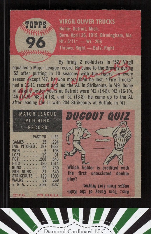 1953 Topps #96 Virgil Trucks : Bio uses white text VG+ c, back