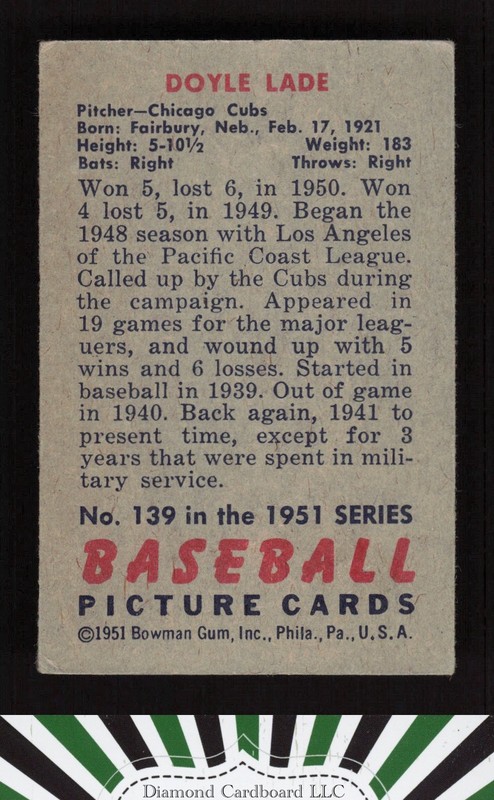 1951 Bowman #139 Doyle Lade VG+, back