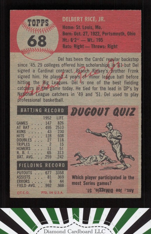 1953 Topps #68 Del Rice EXMT+ i, back