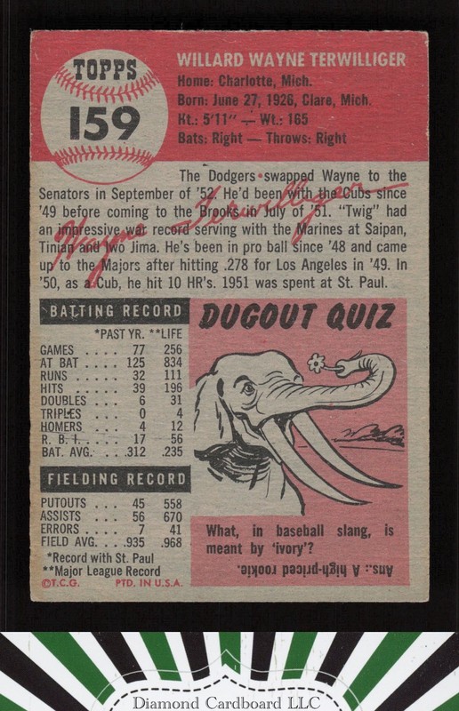 1953 Topps #159 Wayne Terwilliger : Bio uses black text VGEX g, back